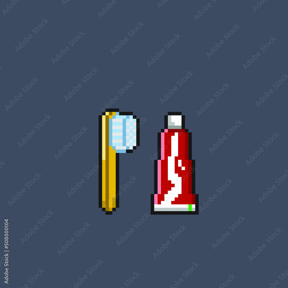 tooth paste and tooth brush in pixel art style