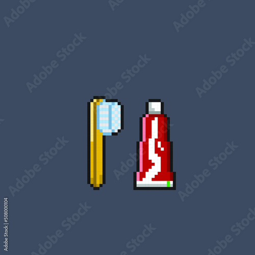 tooth paste and tooth brush in pixel art style