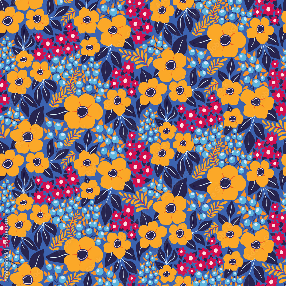 Seamless pattern with ornate meadow in retro style. Elegant floral background with wild plants, orange flowers, leaves, herbs on a blue field. Botanical print with an interesting design. Vector. Seamless pattern with ornate meadow in retro style. Elegant floral background with wild plants, orange flowers, leaves, herbs on a blue field. Botanical print with an interesting design. Vector.