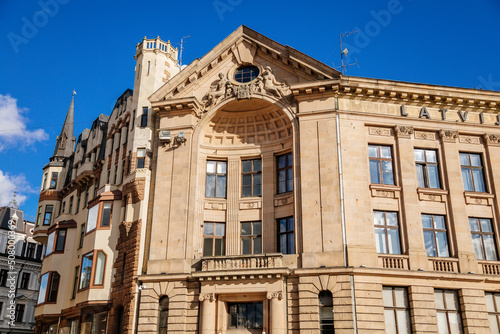 Riga, Latvia, 14 October 2021:  facade of historic radio building Dome Square, Key to Riga landmark of Old town, UNESCO recognized architecture at sunny day