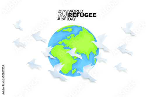 World refugee day background with flying origami bird. Flat style vector illustration. Concept of migrant for web, banner, background, wallpaper, poster or card design.