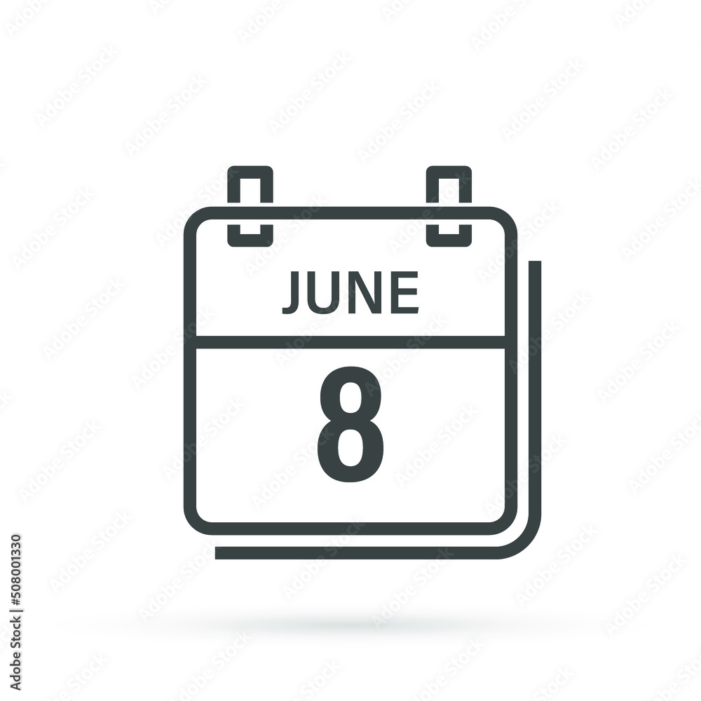 June 8, Calendar icon with shadow. Day, month. Flat vector illustration. June 8, Calendar icon with shadow. Day, month. Flat vector illustration.