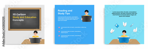 Social media tutorial, tips post banner layout template in 3D cartoon style. School and study, reading book concept