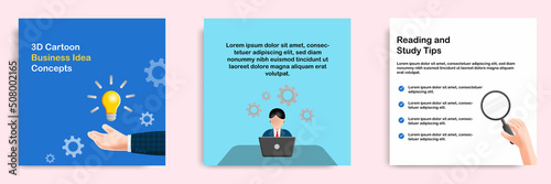 Social media tutorial, tips post banner layout template in 3D cartoon style. Business idea development concept
