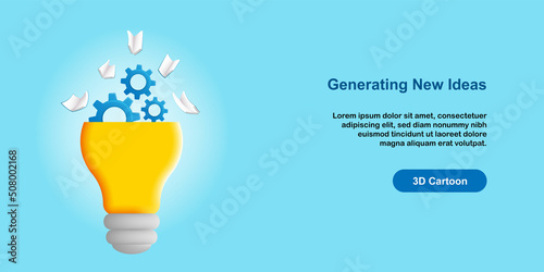 3D cartoon style, idea generating and development concept. Hand with light bulb and flying book