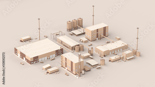 Fototapeta Naklejka Na Ścianę i Meble -  Industrial infrastructure in isometry. The territory of a small factory with pipes and equipment. Plan of buildings with tanks in warm colors, top view. 3d illustration