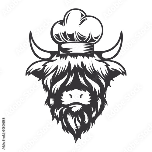 Highland cow cook head design with chef hat. Farm Animal. Cows logos or icons. vector illustration.