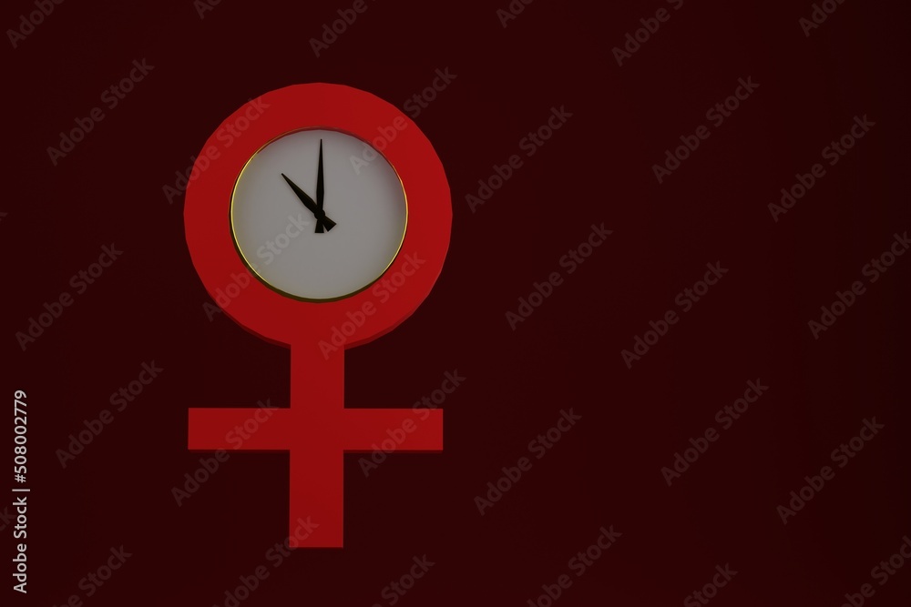Obraz premium Female gender symbol with a clock. Menopause concept. Red background. 3D render.