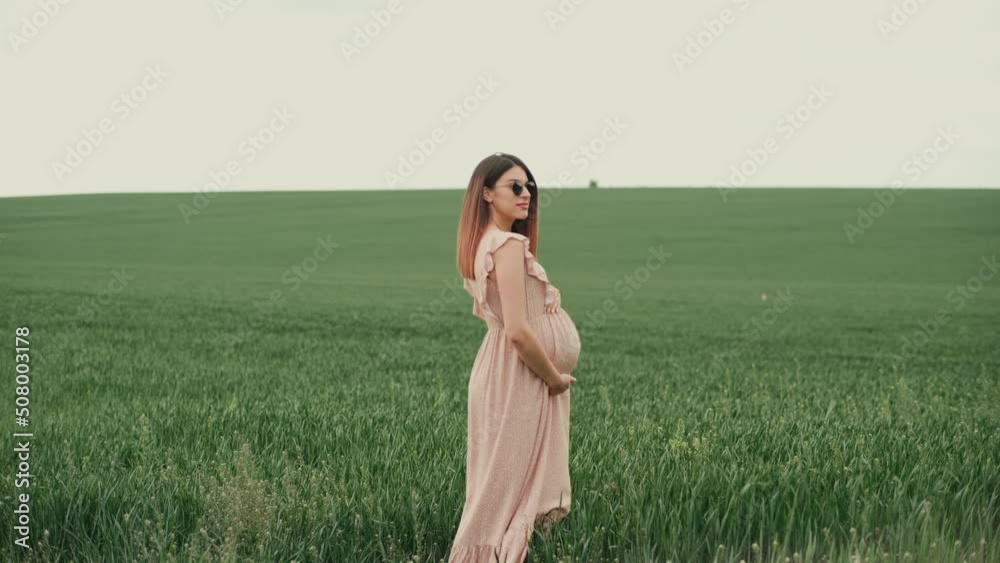 Young pregnant woman with flowing hair in a long pink summer dress stands among a field of green wheat. The woman is smiling, gently stroking her stomach, looking at the camera with a smile. Young pregnant woman with flowing hair in a long pink summer dress stands among a field of green wheat. The woman is smiling, gently stroking her stomach, looking at the camera with a smile.