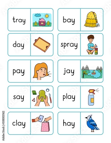 Phonics -ay- sound dominoes game. Match the words with pictures activity page for kids. Vector illustration