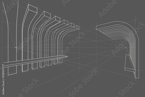Linear architectural sketch pergola with bench perspective on gray background