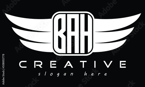 BAH three Letter Wings Flying Initial wing symbol minimalist creative flag logo design, Vector template