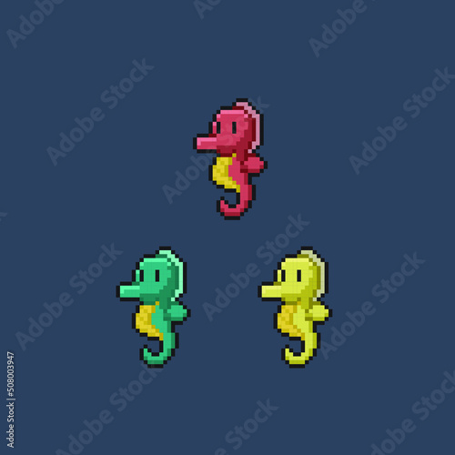 sea horse set with different color in pixel art style