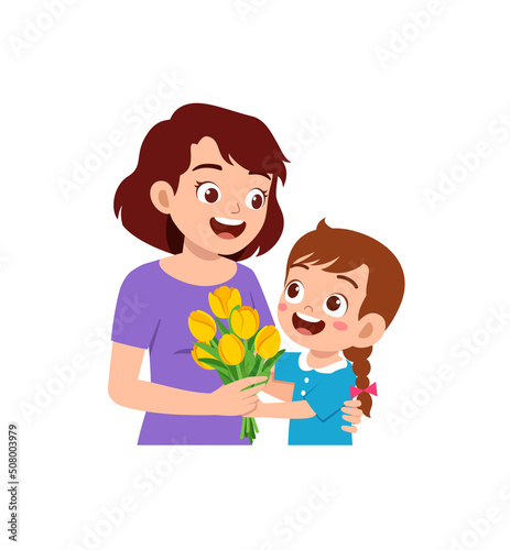 little kid give a flower to mother