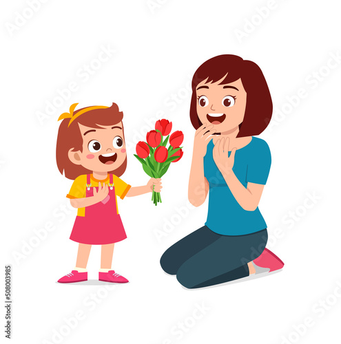 little kid give a flower to mother