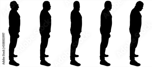 A man of a large build in a tracksuit, and sneakers. The man looks around. Side view, profile. Young guys stand one after another in line, in one line. Five black male silhouettes isolated on white