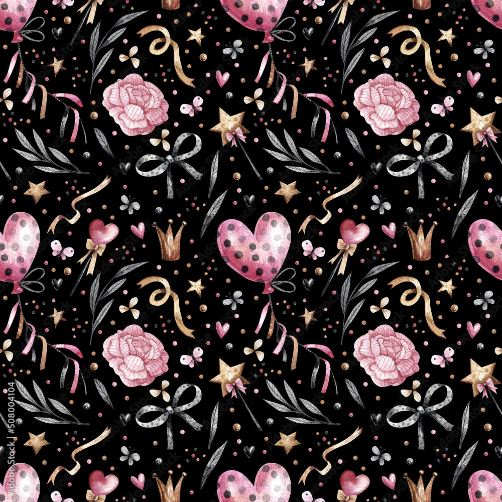 Fototapeta premium Bright seamless pattern with garlands, balloons, peonies, golden stars and ribbons on a black background. Background for a party, carnival.