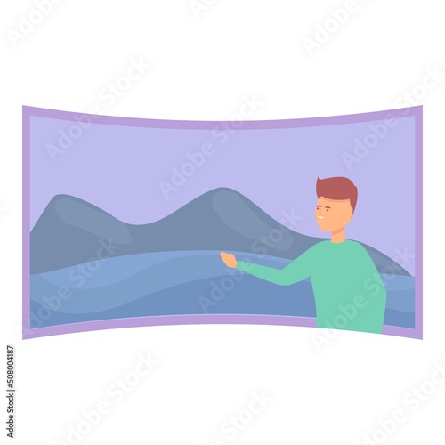 Mountain virtual tour icon cartoon vector. Online walk. Agency travel
