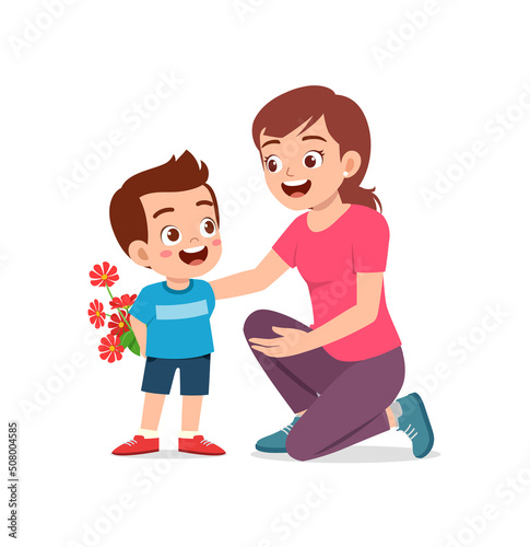 little kid give a flower to mother