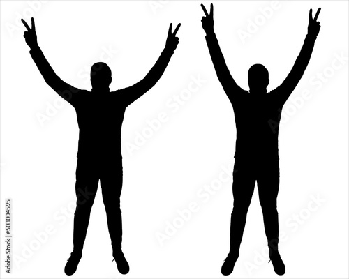 Two men with both hands show a "victory" gesture. Celebrities at the photoshoot. Guys of large build stand with their hands raised. Front view, full face. Black male silhouette isolated on white