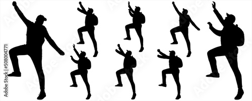 A group of rock climbers. Hiking. Tourist with a backpack on his back. A young guy in a cap, tracksuit, and sneakers. Suitable for motion animation. Eight black male silhouettes isolated on white