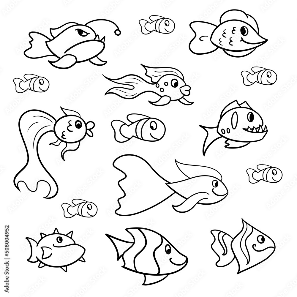 A large set of cartoon happy fish from the aquarium and the ocean, Exotic fish, Vector