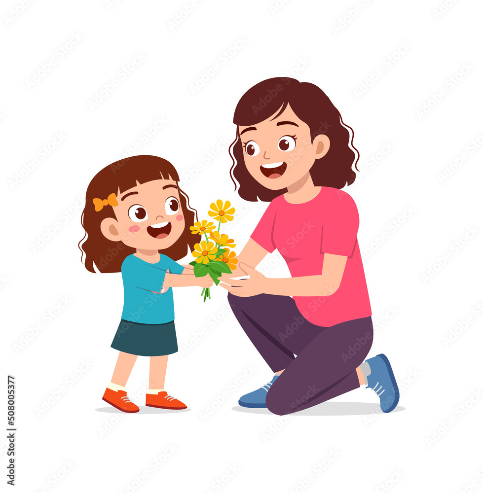 little kid give a flower to mother little kid give a flower to mother