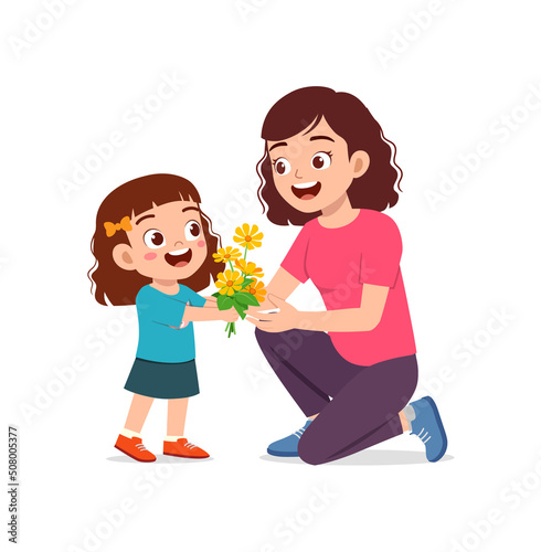 little kid give a flower to mother