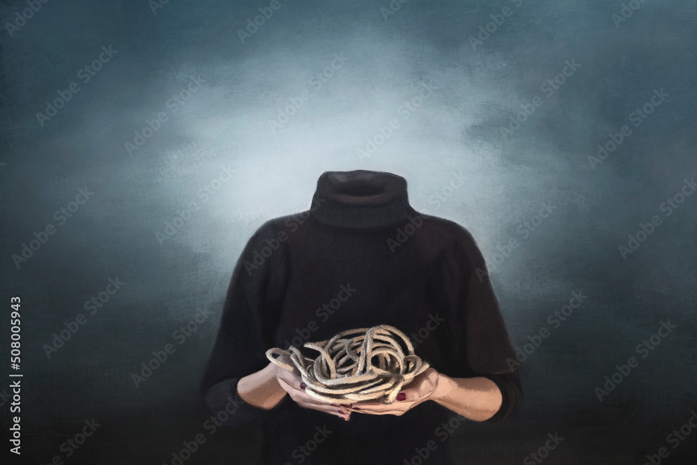 concept of mental freedom, surreal person holds ropes in his hand - obrazy, fototapety, plakaty 