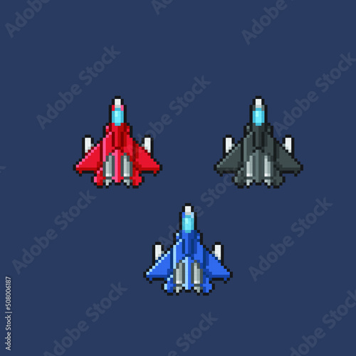 jet plane set with different color in pixel art style