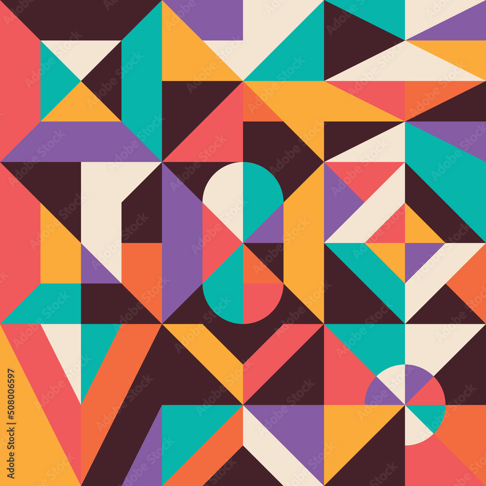 Bright geometric background design. Abstract seamless pattern. Decorative ornate mosaic. Scandinavian swiss bauhaus design style. Vector illustration. Bright geometric background design. Abstract seamless pattern. Decorative ornate mosaic. Scandinavian swiss bauhaus design style. Vector illustration.