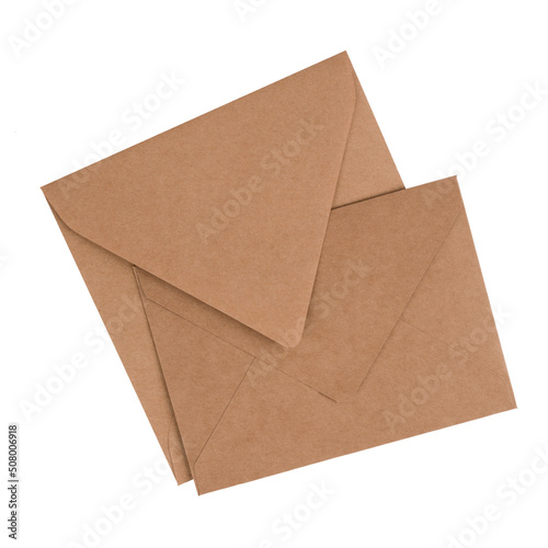 Two brown kraft paper envelopes front and back isolated on white background for your design project. Mailing concept, mockup image. Template