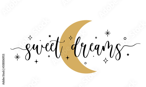 Vector illustration of Sweet Dreams handwritten modern brush lettering with moon and stars. Banner design, poster, print, flyer, calligraphy isolated on white background