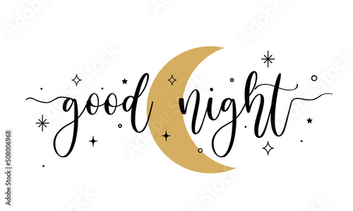 Vector illustration of Good Night handwritten modern brush lettering with moon and stars. Banner design, poster, print, flyer, calligraphy isolated on white background