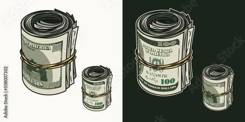 Standing upright money roll with front and reverse side of 100 dollar bills. Cash money. Vintage style. Color detailed isolated vector illustration on dark and white background.