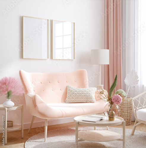 Mockup frame in interior background, room in light pastel colors, Scandi-Boho style, 3d render