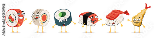 Japanese food funny cartoon smiling character set. Japan cuisine sushi and rolls cute happy face expression mascot collection. Asian seafood joyful tempura. Vector comic emoticons eps illustration