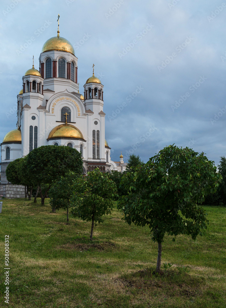Church on Blood in Honour of All Saints Resplendent in the Russian Land in Ekaterinburg in the evening. Yekaterinburg, Russia