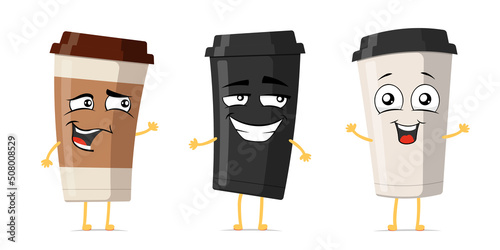 Disposable coffee cup funny smiling cartoon character set. Take away drink cute happy face expression mascot collection. Different beverage mugs joyful comic emoticons vector eps illustration