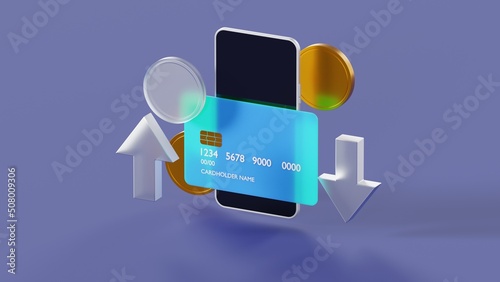 Mobile phone with a credit card and gold coins on an isolated background, illustration on the theme of paying by phone 3d render