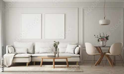 mock up poster frame in modern interior background  living room  Scandinavian style  3D render  3D illustration