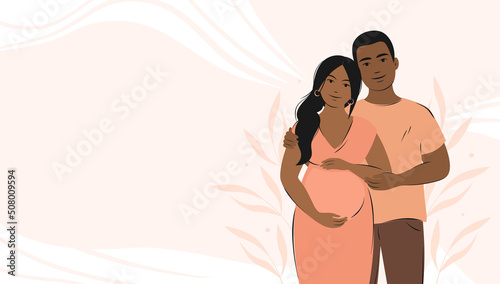 Dark skinned future parents, happy family, child expectation. Banner about pregnancy and breastfeeding with place for text. Vector illustration.
