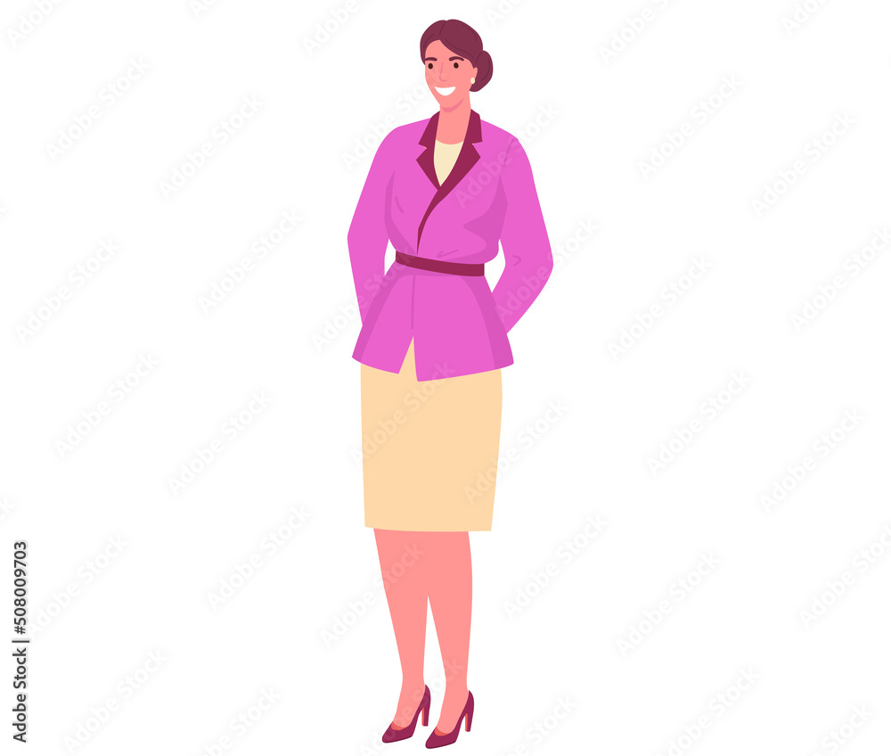 Happy businesswoman wearing pink jacket and tie. Vector cute girl, smiling woman in an office outfit isolated on white. Female character teacher or manager. Secretary in full height business person Happy businesswoman wearing pink jacket and tie. Vector cute girl, smiling woman in an office outfit isolated on white. Female character teacher or manager. Secretary in full height business person