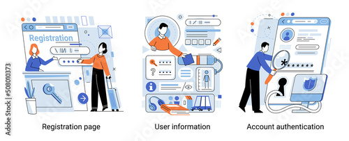 Registration or sign up user interface. People using secure login and password, account data for authorization. Personal data security. Registration page, user information, account authentification