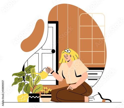 People stay at home. Young girl watering flowers at home. Gardening and plant care. Love for nature and floristry. Comfort and coziness at home, decor elements. Cartoon flat vector illustration