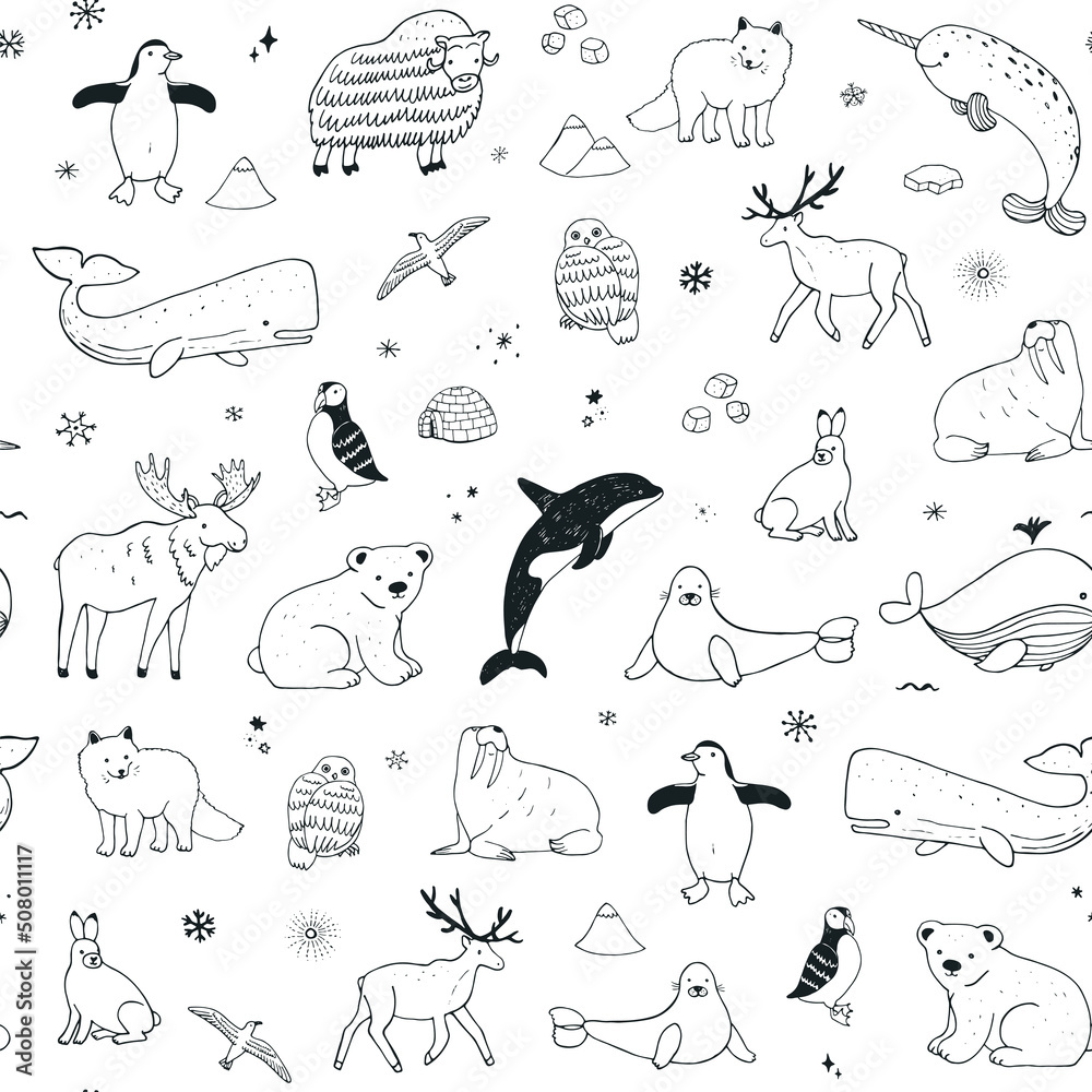 Fototapeta premium Arctic animals vector seamless line pattern