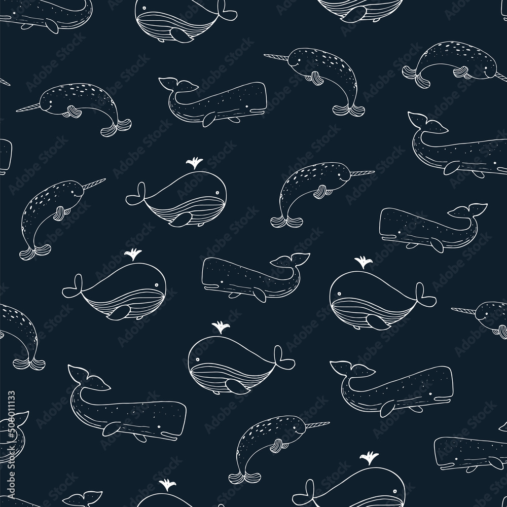 Arctic sea animals whale, narwhal, cachalot vector seamless pattern