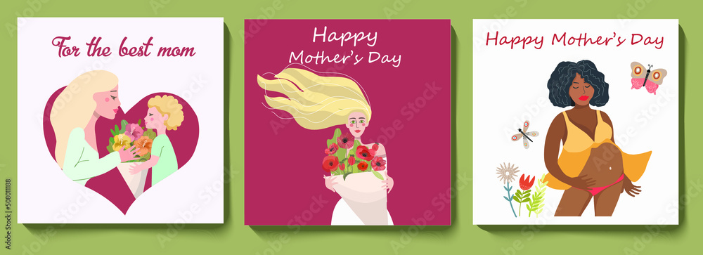 A set of three square cards with congratulations on Mother's Day, a son gives flowers to mom heart-shaped illustration, a woman with a bouquet of flowers, a dark-skinned pregnant woman, vector.