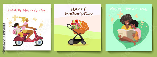 A set of three square cards with congratulations on Mother's Day, mother and daughter ride a scooter, a blooming baby stroller with poppies, a dark-skinned mother reads a book to her son.