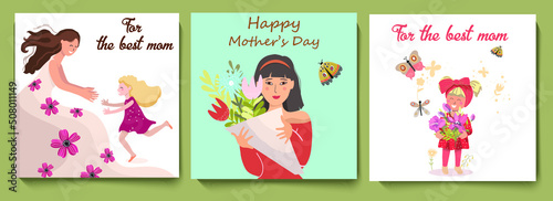 A set of three square cards with congratulations on Mother's Day, a daughter runs to her mother, an Asian woman with a bouquet, a baby girl in a turban with a bouquet of magnolias, vector illustration